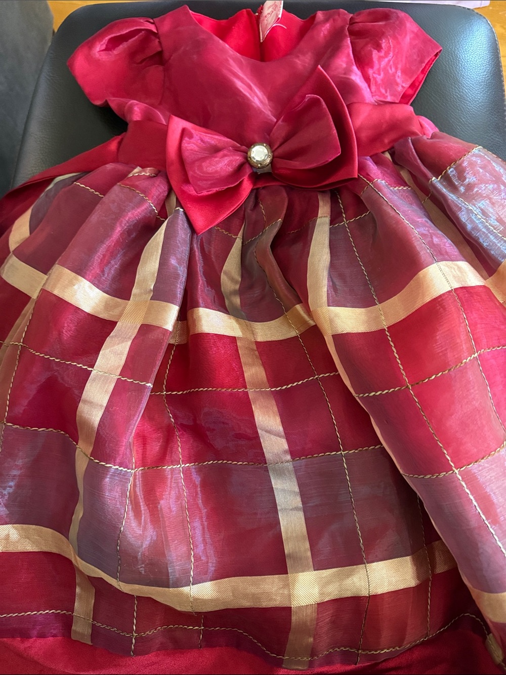 Girls Red Plaid Organza Party Dress with Bow Size 7